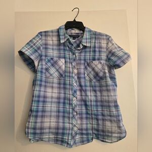 Tommy Hilfiger Blue and Green Plaid Short-Sleeve Button-Down Shirt